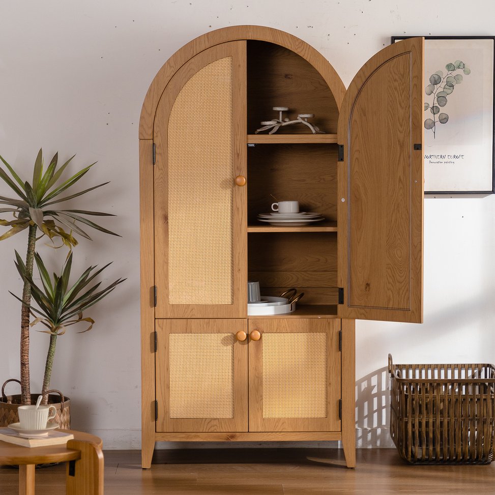 English Elm Arched 63.39" Tall Rattan Pantry Cabinet with Arched Doors, Adjustable Shelves, Farmhouse Storage W3081P338352