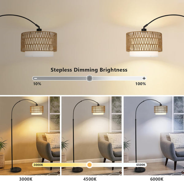 English Elm Arc Rattan Arc Floor Lamp with Remote & Dimmable LED, Height Adjustable, Boho Farmhouse Glow Brown+Black W2738P227438