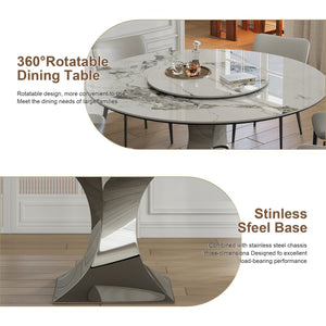 English Elm 59" Round Sintered Stone Dining Table Set With Stylish Black Titanium Base & 6 Padded Chairs For Luxury Dining W2700S00052