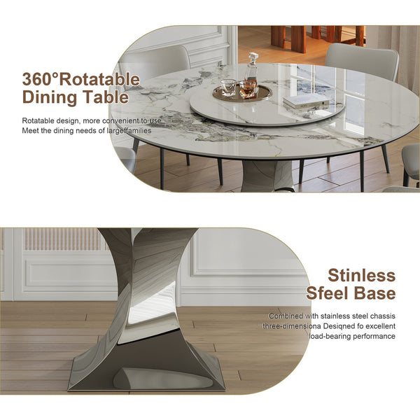 English Elm 59" Round Sintered Stone Dining Table Set With Stylish Black Titanium Base & 6 Padded Chairs For Luxury Dining W2700S00052