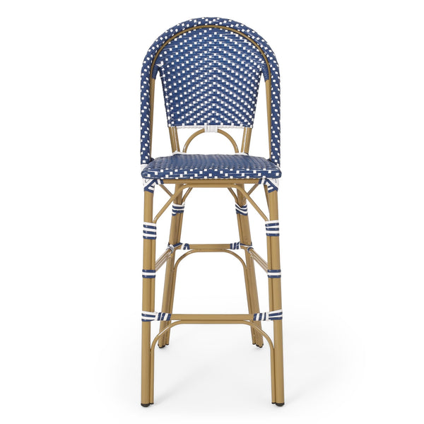 English Elm Christopher Knight Home® - 29.5" Outdoor PE Rattan French Barstool with Bamboo-Print Aluminum Frame, Durable Wicker Cafe Charm Teal Blue,White 71422.00DT