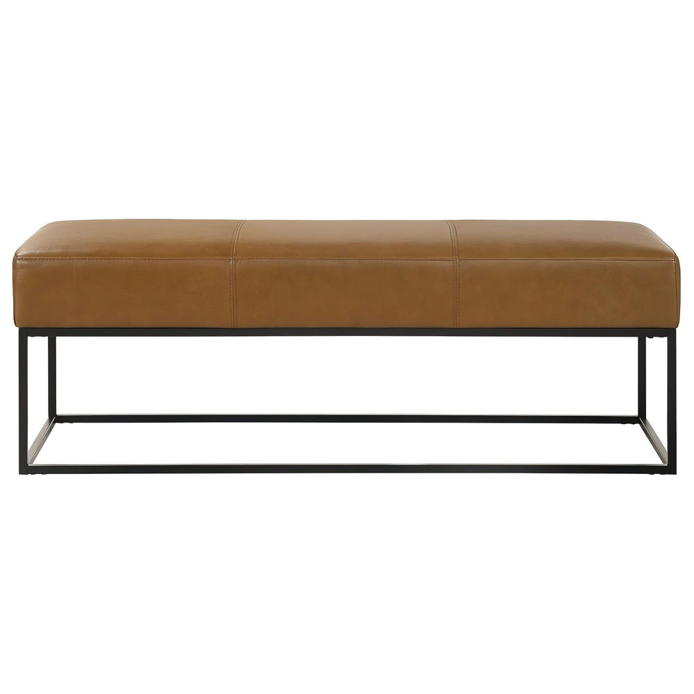 English Elm Ashcroft Furniture - Odessa Tan Leather Bench with Teak Wood Frame, High-Density Foam Cushion & Removable Metal Legs B183P255205