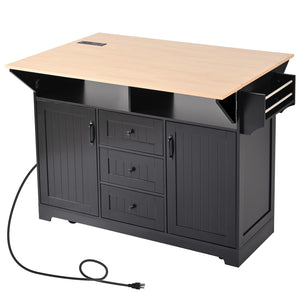 English Elm K&k Rolling Kitchen Island with Drop Leaves Power Outlet Drawers and Spice Rack Black N707S186617B