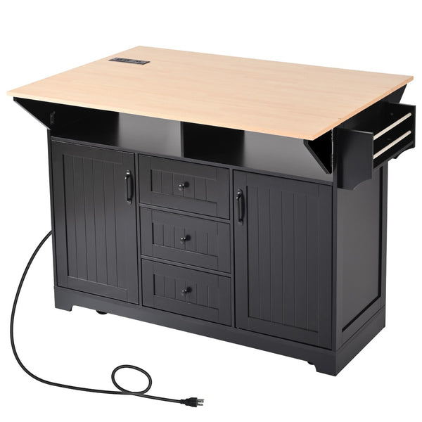 English Elm K&k Rolling Kitchen Island with Drop Leaves Power Outlet Drawers and Spice Rack Black N707S186617B