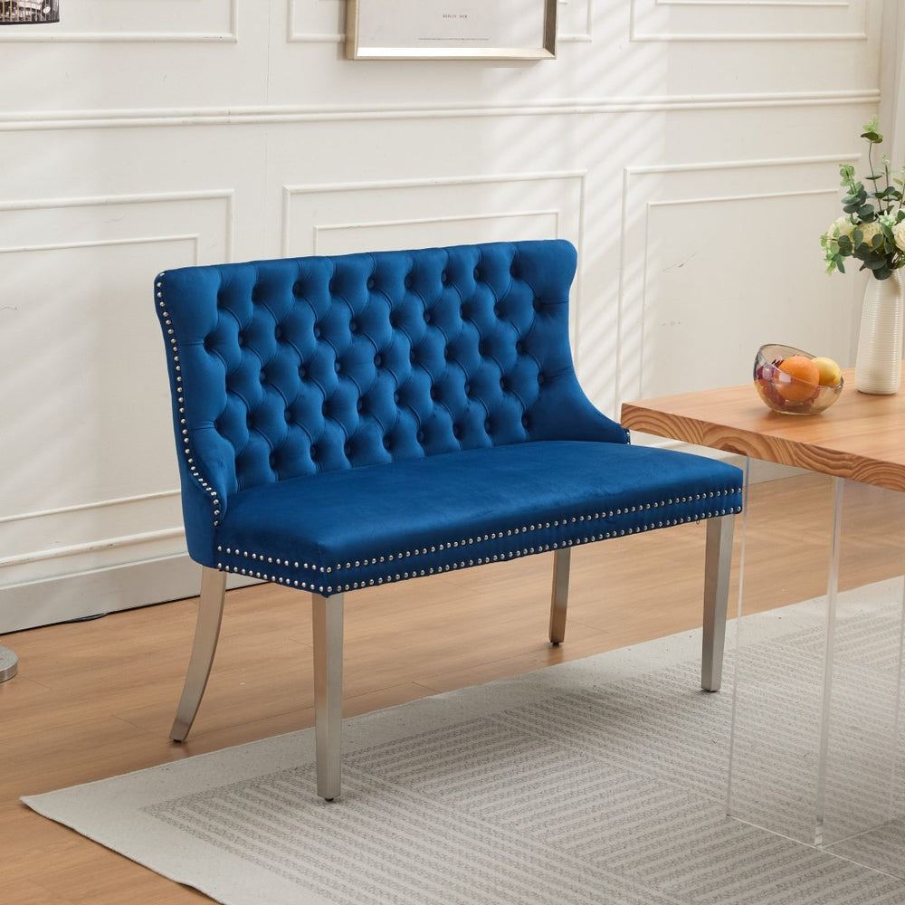 English Elm Velvet Wingback Dining Bench Tufted Two Seat Mid Century Modern Brushed Steel Base Blue W1143P406981