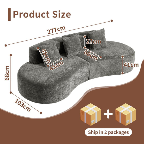 English Elm 3-seater Velvet Curved Sectional Sofa Plush Cloud Design for Open Living Rooms Gray W1765S00123