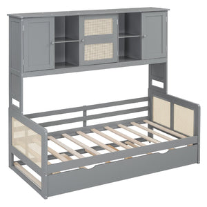 English Elm Twin Size Wooden Daybed With Trundle, Integrated Storage Cabinet & Shelves In Elegant Gray Finish N820S00048E-GIGA
