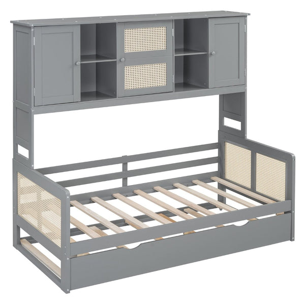 English Elm Twin Size Wooden Daybed With Trundle, Integrated Storage Cabinet & Shelves In Elegant Gray Finish N820S00048E-GIGA
