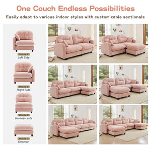 English Elm Four-Seater modular sectional sofa with premium chenille, tufted back, high-density foam comfort and versatile layouts Pink W714S01391