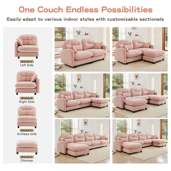English Elm Loveseat Modular Cloud Sectional Sofa with Tufted Chenille Backrest, Ergonomic High-Density Comfort, Durable Wood Base Pink W714S01384