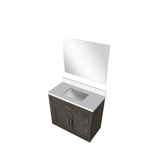 English Elm Brown Oak Single Bath Vanity Set With White Quartz Countertop & 34-Inch Frameless Mirror Included B2731S01396