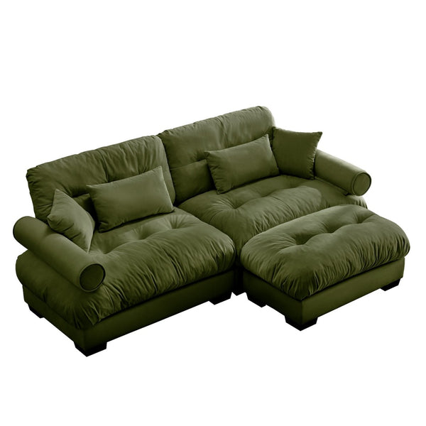English Elm Over Size Modern Velvet Two-Seater Sofa With Ottoman, Chic Olive Green Design For Cozy Living Spaces W714S01105-GIGA