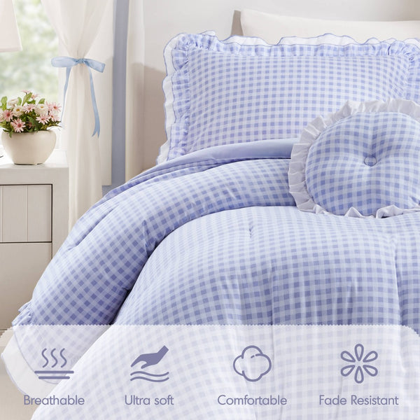 English Elm 3-piece Cottage Gingham Comforter Set with Ruffle Trim and Round Throw Pillow Blue B035P463185