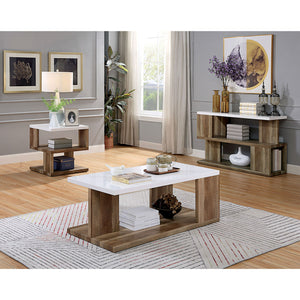 English Elm Modern Sculpted Sofa Table with Two-Tone Finish, Open Shelves for Display and Minimalist Storage Elegance Natural,White 51 L x 21 W x 7 H B2741P357610