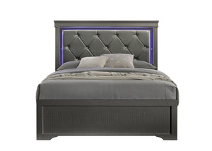English Elm Blaze King Bed With Led Tufted Headboard & Durable Wood Frame In Stylish Metallic Gray Finish B009S01858