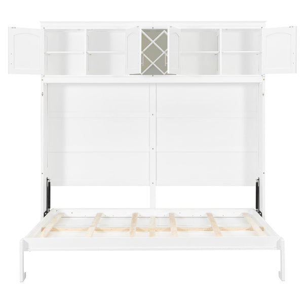 English Elm Queen Murphy Wall Bed with Storage Cabinets and Wine Rack for Small Space Living White LP000879AAK-1