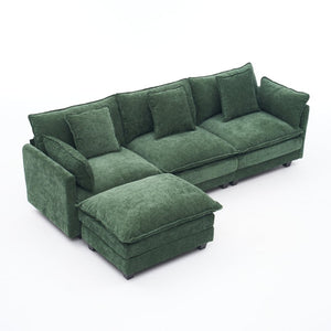 English Elm Beige Chenille Sectional Sofa with Modular Ottoman for Living Room or Studio Dark Green W2603S00004