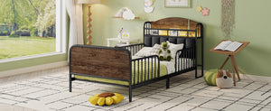 English Elm Twin Solid Wood Platform Bed with Guardrail for Kids, Low-Profile Sturdy Pine Frame, Safe Sleep Solution Black 43.7 L x 16.93 W x 9.65 H W2593P337436