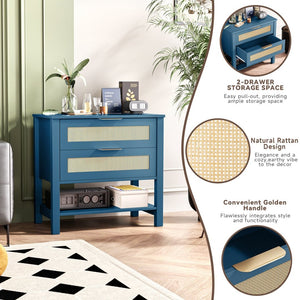 English Elm Rattan Front Boho Coastal Nightstand with Gold Pulls Open Shelf and Woven Drawer Accents Turquoise T3210P471549