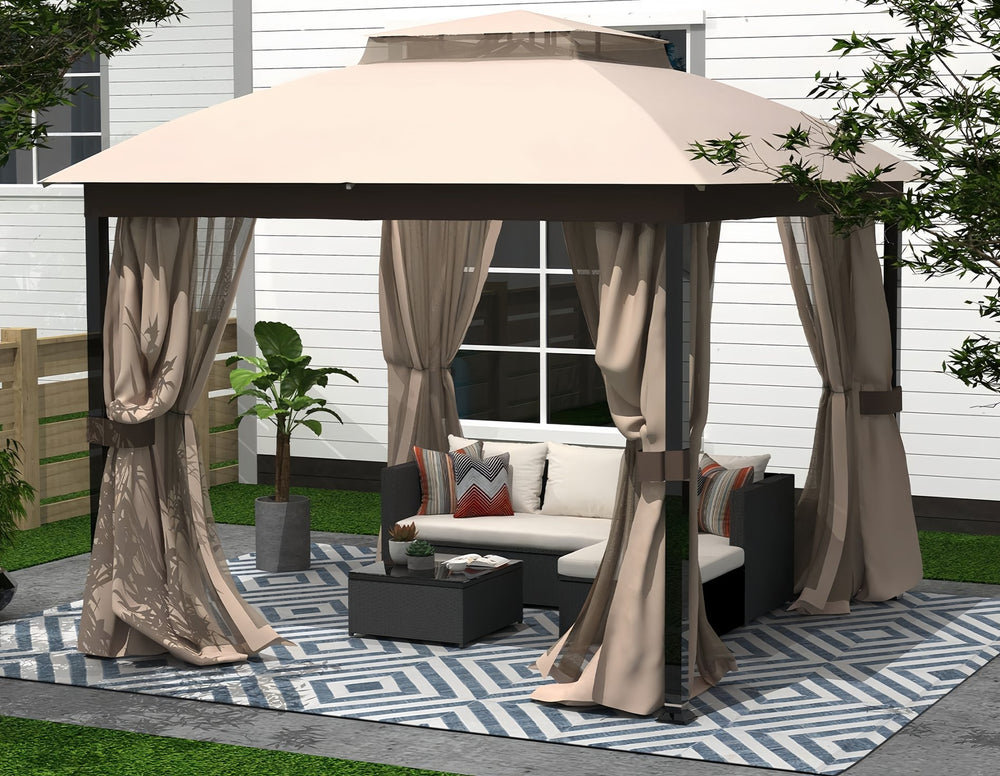 English Elm 10X10FT Softtop Metal Gazebo with Vented Double Roof, Mosquito Netting & Waterproof UV Curtains, Sturdy Galvanized Frame W2259S00051