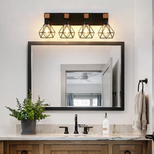 English Elm 24" Modern Geometric 4-Light Vanity Light Fixture With Black Metal & Wood Accents For Any Space W2312P374931