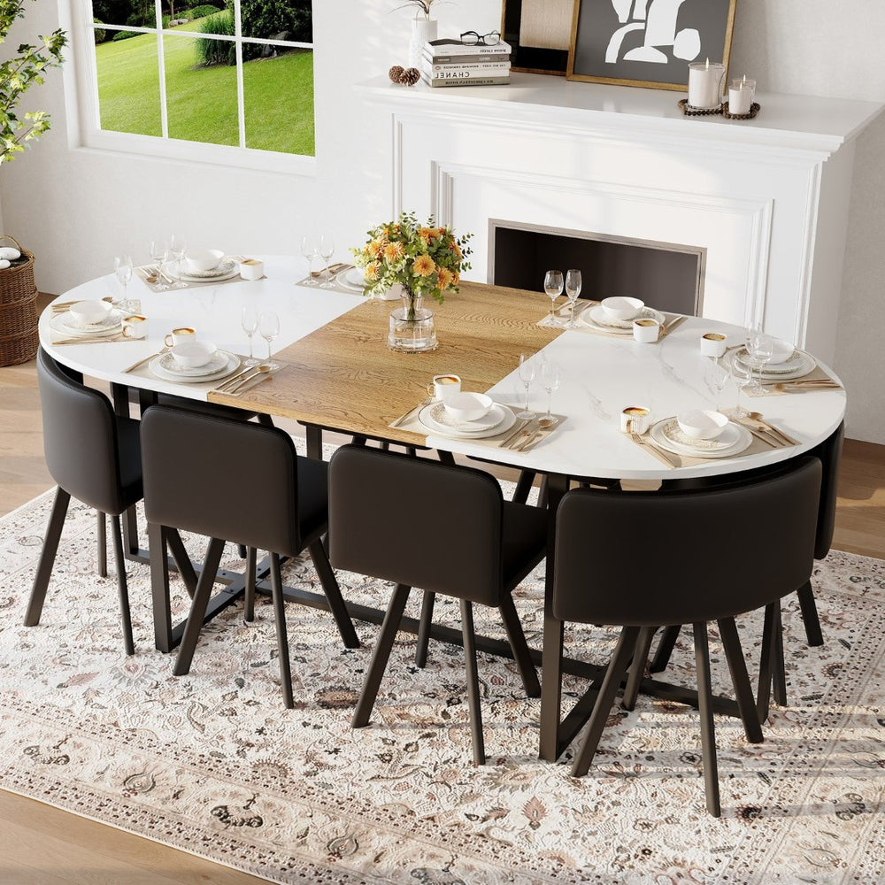 English Elm 9-piece Oval Dining Set with Faux Marble Wood Top and Eight Black Pu Leather Chairs W3875S00151