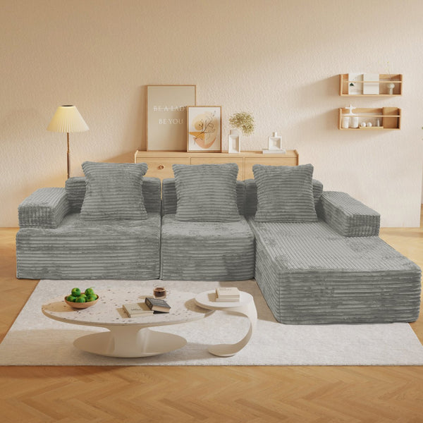 English Elm Compression Sectional Couch with Chaise Sleeper, Corduroy Antique Grey, CertiPUR-US Foam, Modular Comfort W3341P329074