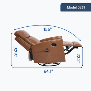 English Elm Deep Ochre Genuine Leather Swivel Rocker Recliner with Massage Heat for Living Room W1803P323711