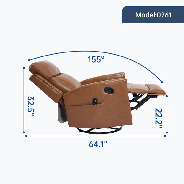 English Elm Deep Ochre Genuine Leather Swivel Rocker Recliner with Massage Heat for Living Room W1803P323711