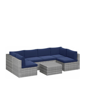 English Elm 7-piece Outdoor Modular Sectional Pe Wicker Patio Set with Tempered Glass Coffee Table Gray+Navy B082S00073