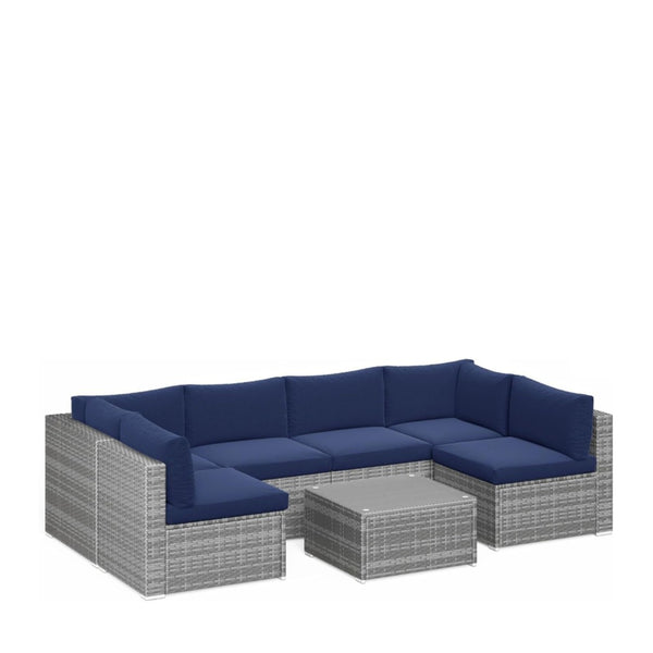 English Elm 7-piece Outdoor Modular Sectional Pe Wicker Patio Set with Tempered Glass Coffee Table Gray+Navy B082S00073