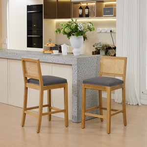 English Elm Full Solid wood rattan-back dining chair with breathable matte linen cushion, high-resilience foam comfort W1143P384366 W1143P384366