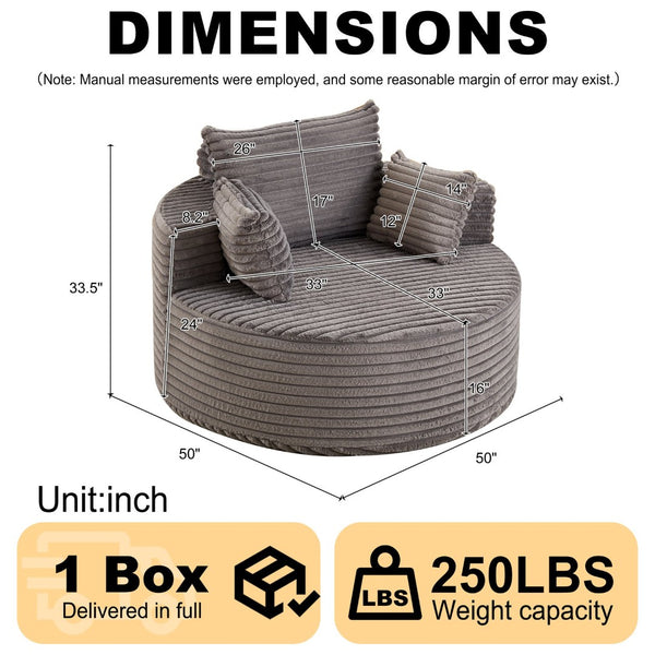 English Elm 50"l Corduroy Oversized Sleeper Chair with Neck Pillow Support for Lounge or Bedroom Grey W834P405864