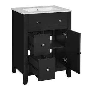 English Elm 24" Modern Bathroom Vanity with Ceramic Basin, French Country Cross-Grid Design & Soft-Close Drawers Black N710P280655B