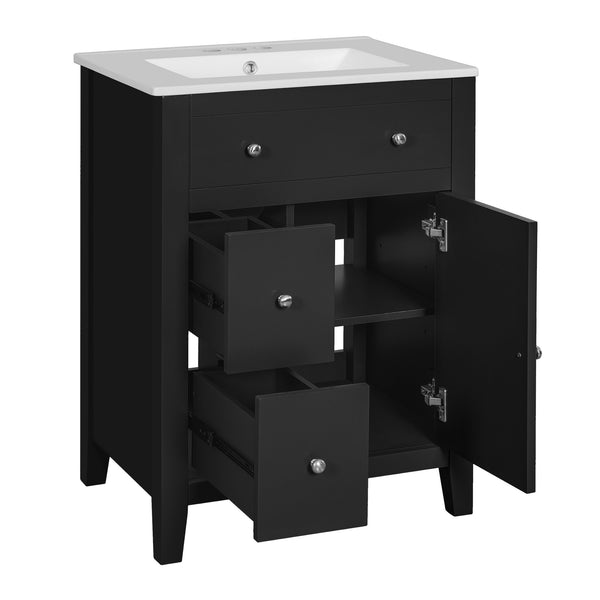 English Elm 24" Modern Bathroom Vanity with Ceramic Basin, French Country Cross-Grid Design & Soft-Close Drawers Black N710P280655B