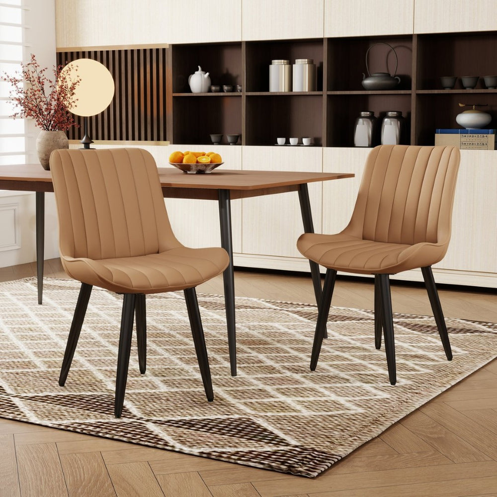 English Elm Set of 2 Armless Pu Leather Dining Chairs Cushioned Seat Brushed Metal Legs Modern Brown W3316P426936