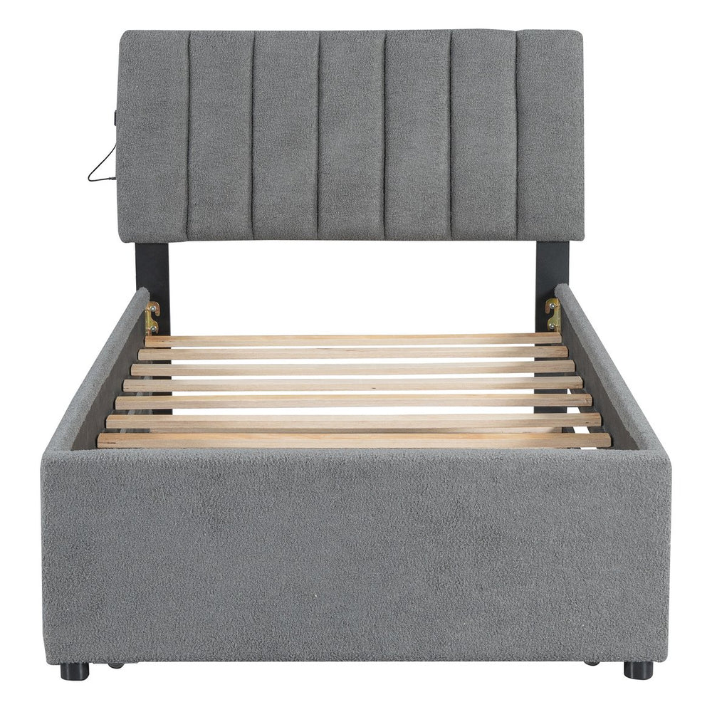 English Elm Teddy Twin Upholstered Platform Bed with Trundle, LED Smart Lighting, Plush Fleece, Sturdy Design Gray SF000055AAE