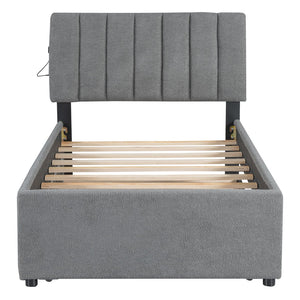 English Elm Teddy Twin Upholstered Platform Bed with Trundle, LED Smart Lighting, Plush Fleece, Sturdy Design Gray SF000055AAE