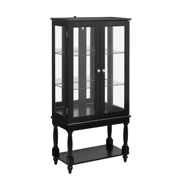 English Elm Curio Lighted Display Cabinet with Mirrored Back, Tempered Glass Doors, Solid Wood Legs, Compact Black W1693P216943
