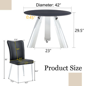 English Elm 42-inch Sintered Stone Round Dining Set with 4 Black PU Chairs, Mirror-Polished Steel Base, Modern Luxury W1512S00115