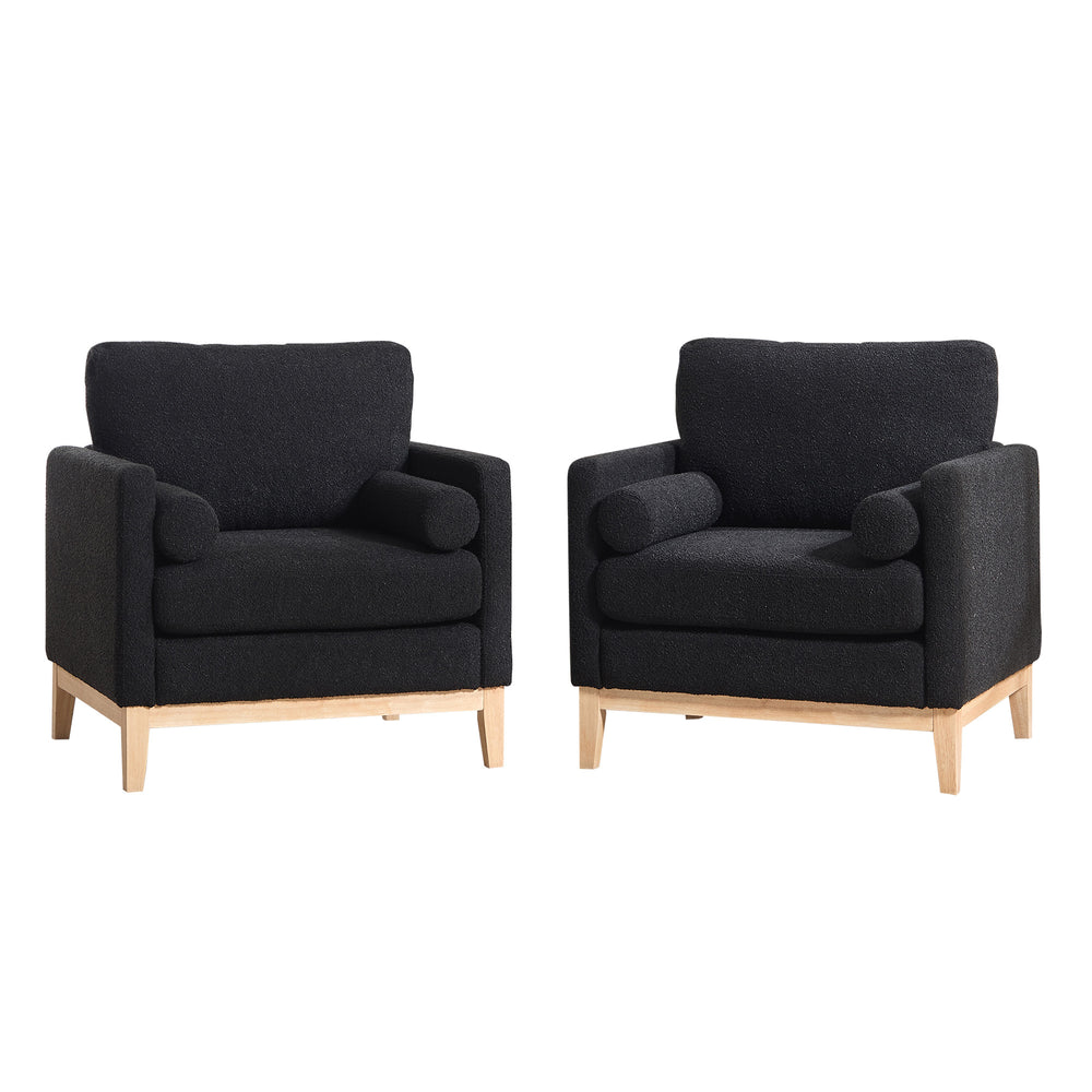 English Elm 35.4" Wide Modern Farmhouse Accent Chair With Soft Black Boucle, Natural Wood Legs & Bolster Pillows W3118P283468