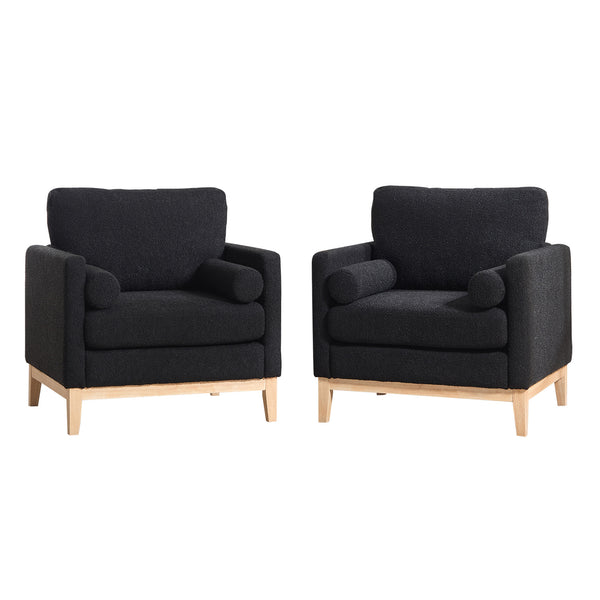 English Elm 35.4" Wide Modern Farmhouse Accent Chair With Soft Black Boucle, Natural Wood Legs & Bolster Pillows W3118P283468