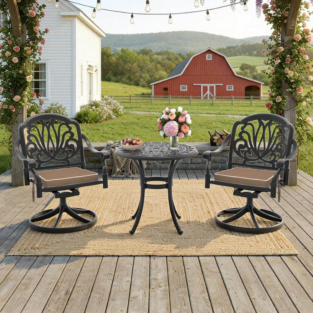 English Elm 3-piece Cast Aluminum Outdoor Bistro Set with Swivel Chairs and Round Patio Table W1710S00678