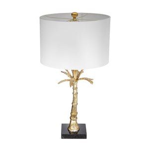 English Elm D16x31" Gold Leaf Lamp with Marble Base and White Drum Shade — Modern Palm Accent for Tables, Mantels W2078S00018