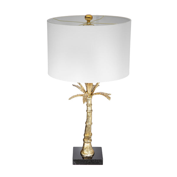 English Elm D16x31" Gold Leaf Lamp with Marble Base and White Drum Shade — Modern Palm Accent for Tables, Mantels W2078S00018