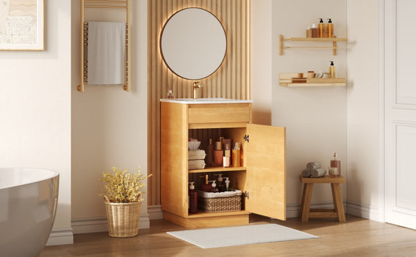 English Elm 20-inch Farmhouse Bathroom Vanity with Ceramic Sink, Freestanding Single Cabinet, Soft-Close Door, Adjustable Shelf, Natural Wood-Grain Finish N710P334910P