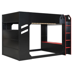 English Elm Full Size Loft Bed with Rgb Lighting Desk Drawers Hanging Rod Teen Bedroom Red LT000288AAJ-1
