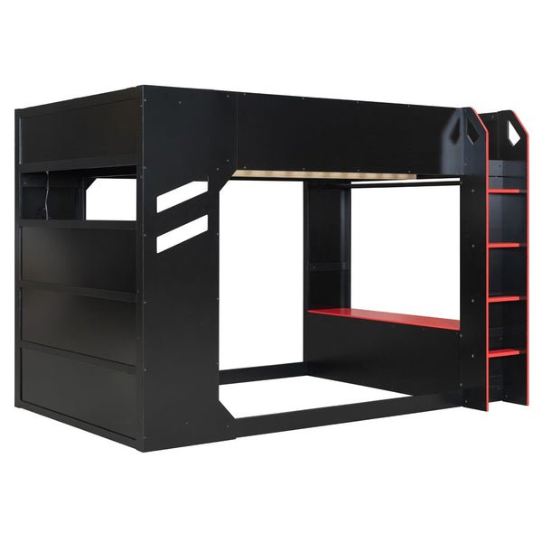 English Elm Full Size Loft Bed with Rgb Lighting Desk Drawers Hanging Rod Teen Bedroom Red LT000288AAJ-1