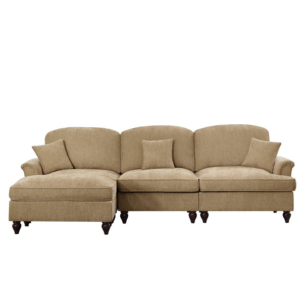 English Elm Mid Century three-seater modular L-shaped sectional sofa with removable ruffle skirts, chenille comfort and spindle legs — versatile, elegant seating solution Light Coffee W3041S00245