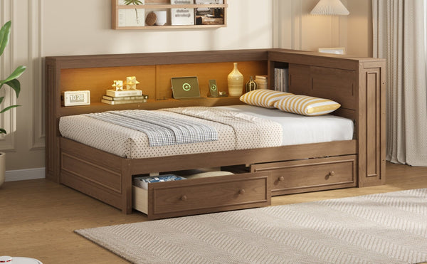 English Elm Full Pine Platform Daybed with Led Lighting Usb Charging Headboard Shelf and Drawers Wood N7090004032D